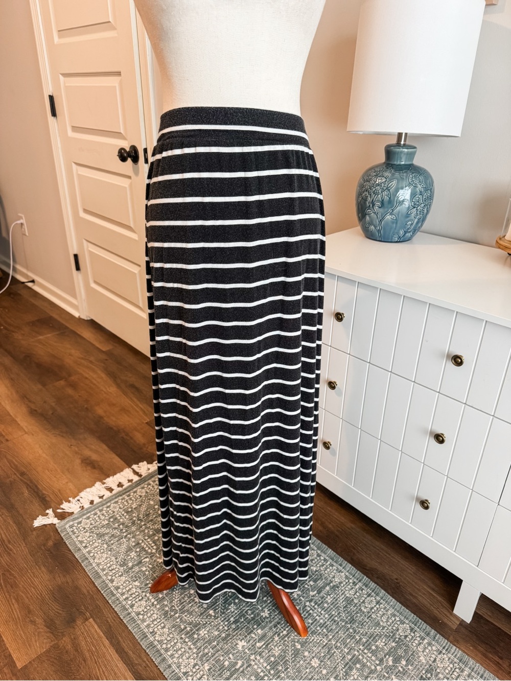 Charcoal Gray and White Striped Maxi Skirt - Women's